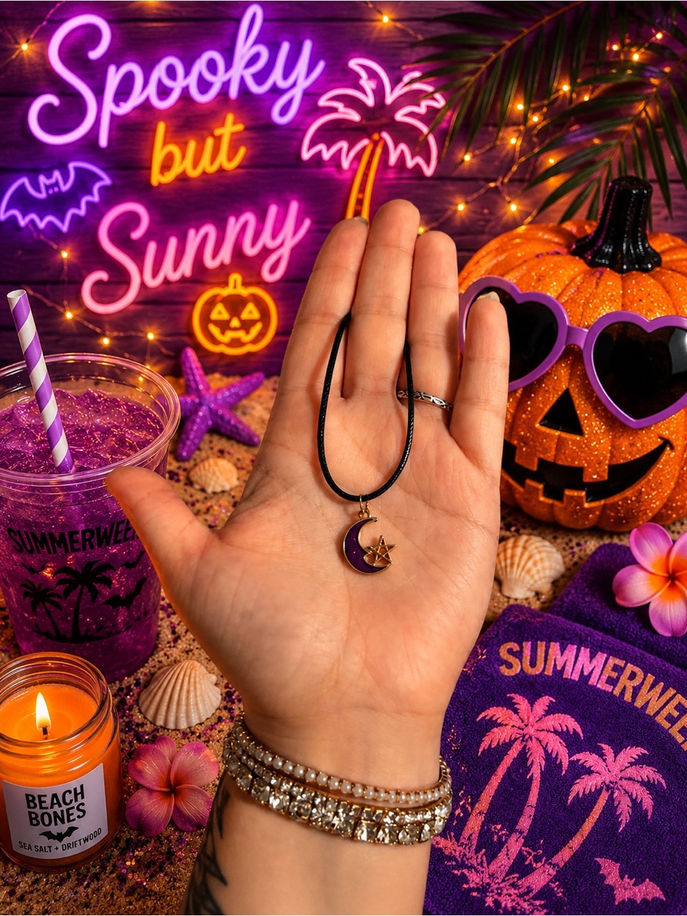 Summerween Moon & Star Pendant Necklace in Purple and Gold
